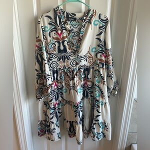 Milina Tiered Boho Dress in Cream with Teal & Navy Print